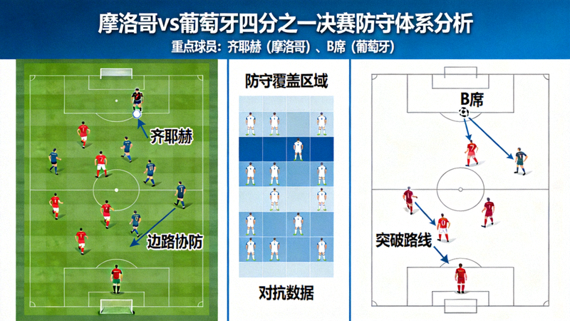 摩洛哥对阵葡萄牙四分之一决赛防守体系分析图 - 齐耶赫与B席